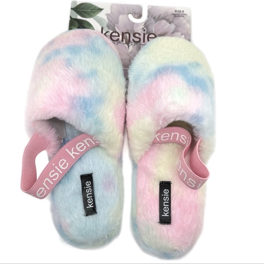 Kensie Fluffy Faux Fur Slingback Slippers Pastel Rainbow Tie Dye Size Large 9